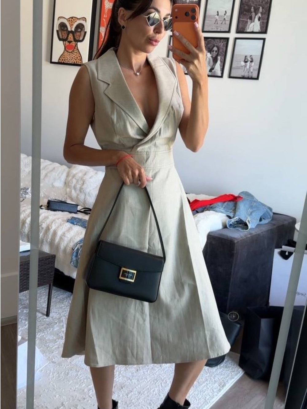 Sleeveless Cream Tailored Midi Dress with V-Neck